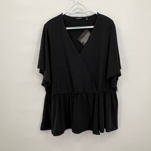 IMAN Global Chic Black Surplice Peplum Flutter Sleeve Top Plus Size 1X NEW